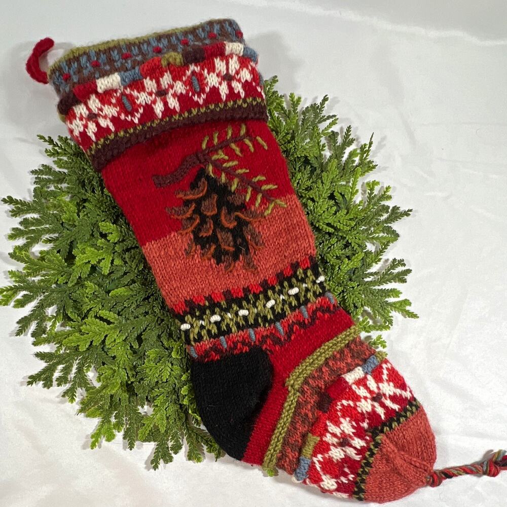 Coldwater Creek Nepal 100% Wool Knit Fair Isle Christmas Stocking Red Multicolor